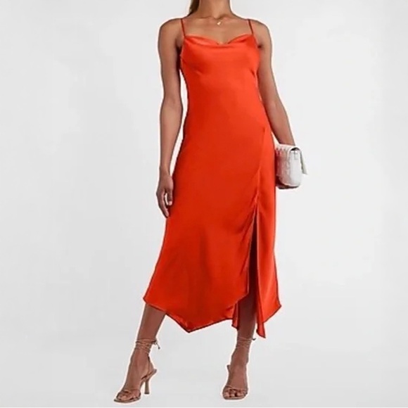 Express Dresses & Skirts - Express Orange Satin Cowl Neck Asymmetrical Midi Slip Dress Size M